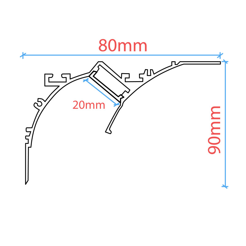 Profile for LED Strip - Recessed / Trimless for Corner - Wallwasher effect - 90 x 80mm - With diffuser - 2 meters