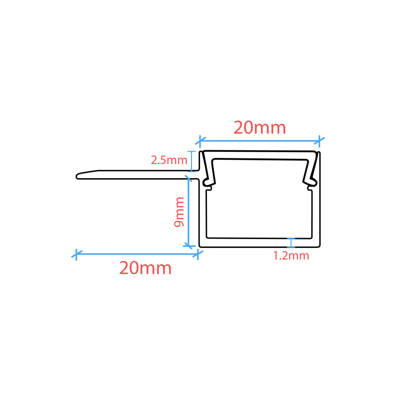 Profile for LED Strip - Recessed / Trimless - Single flange - 9x20mm - With diffuser - 2 meters