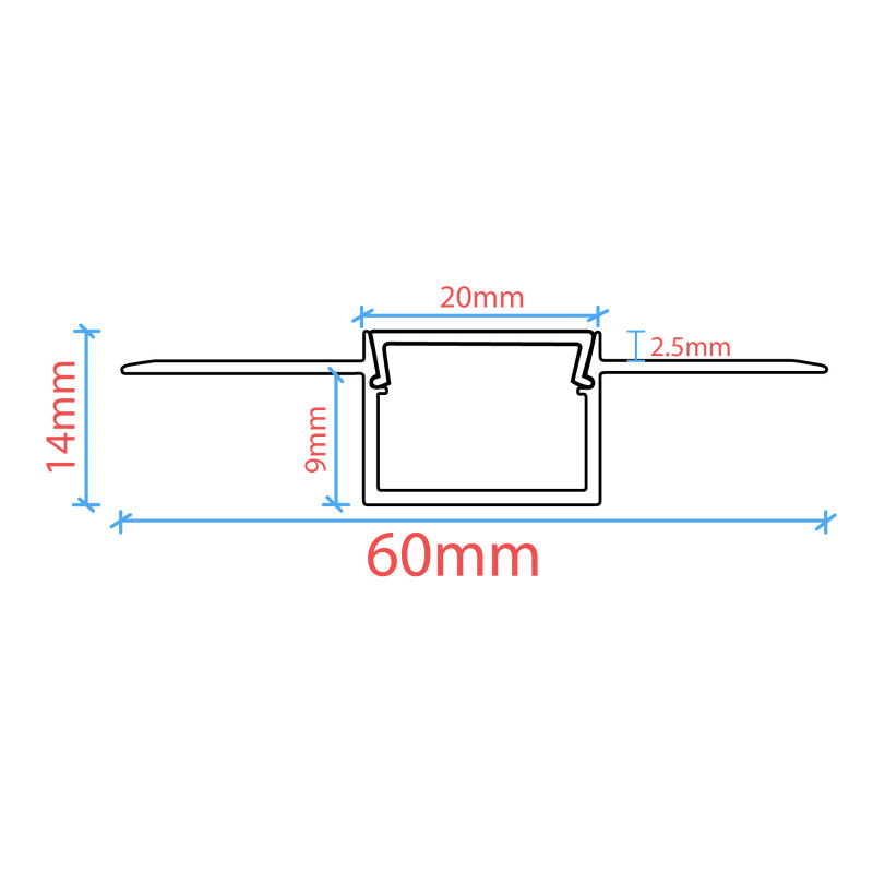 LED strip profile integration / trimless - 9x20 mm - With diffuser - 2 meters