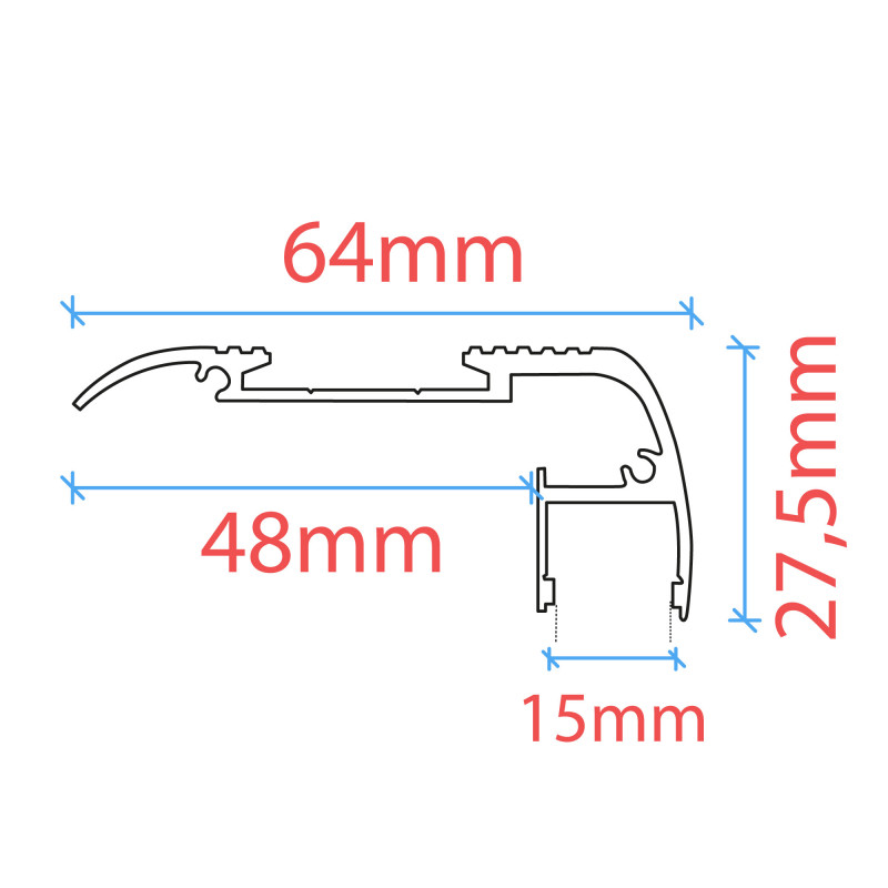 LED strip profile for staircase - 27x63mm - With diffuser - 2 meters