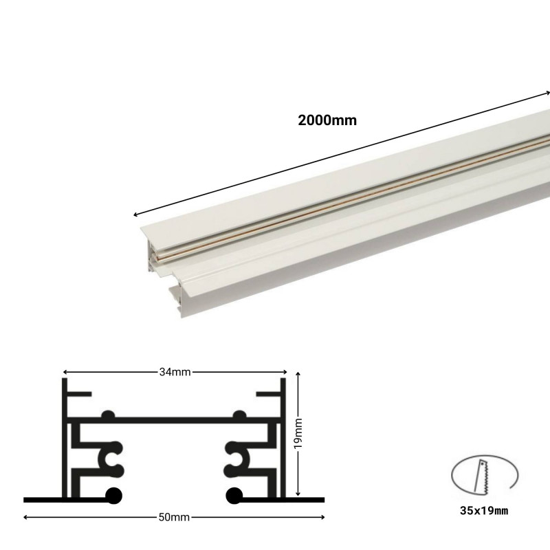 Single-phase recessed track for LED spotlights - 2 meter bar