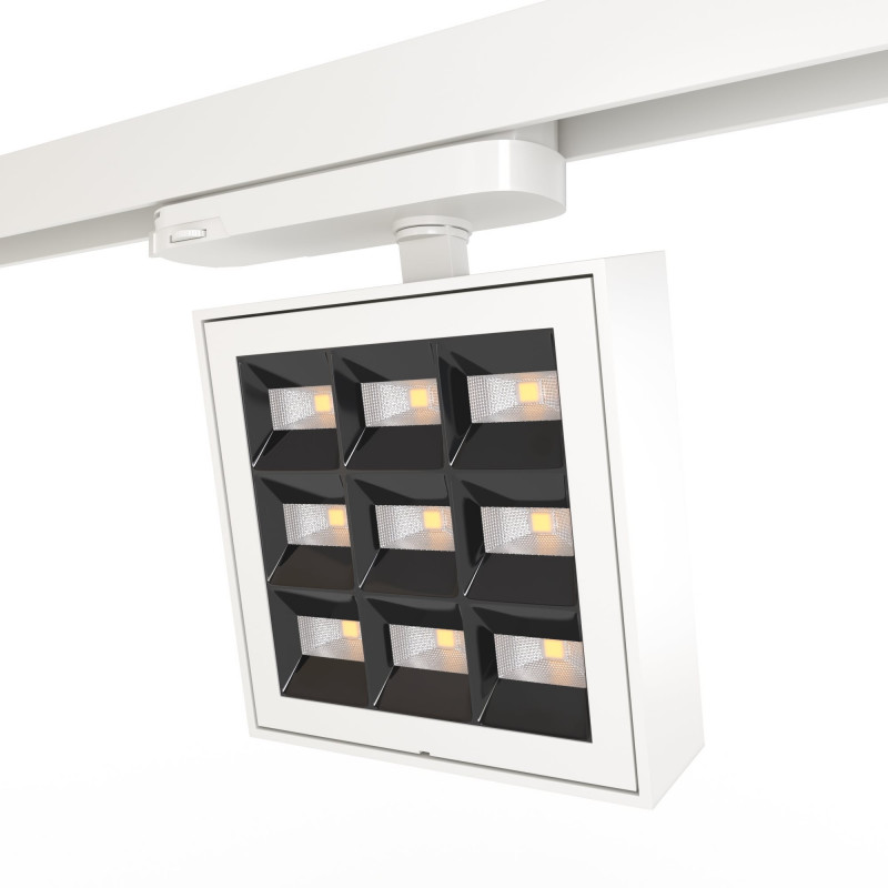 Square LED 3-phase track spotlight - Adjustable power: 12-42W - 4000K - CRI 90 - Angle 35° x 70°