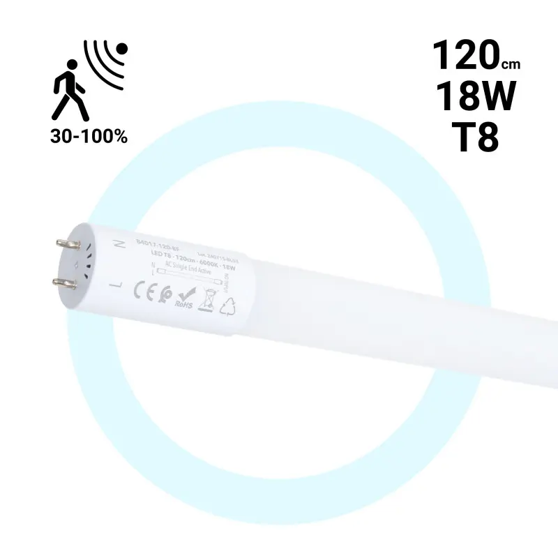 LED T8 cijev sa mikrotalasnim senzorom pokreta 30-100% - 18W - 120 cm - 6000K
