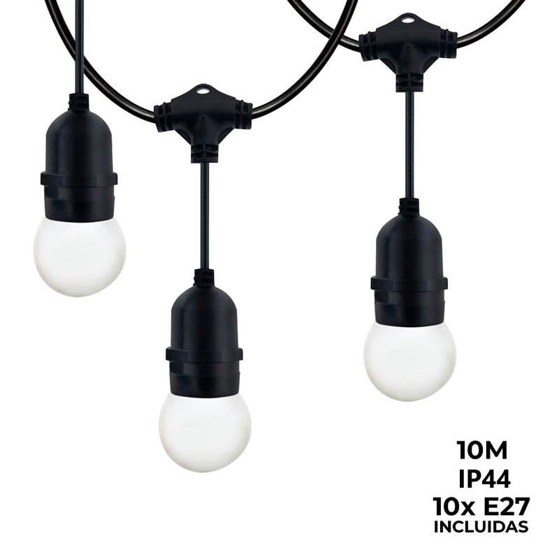 Lichterkette für den Außenbereich 10 Meter + 10 LED-Lampen E27 1W - IP44 - Warmweiß