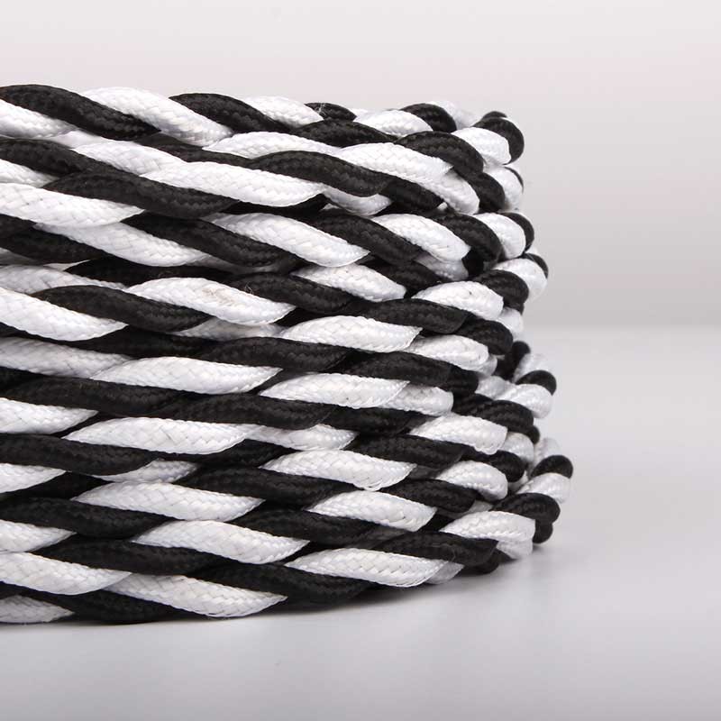 Braided cable coated in silk effect fabric - Black and white - One meter