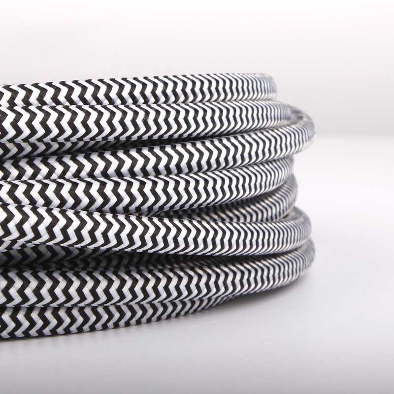 Kabel i rund form dekket med stoff, silkeeffekt ZigZag, hvit & svart