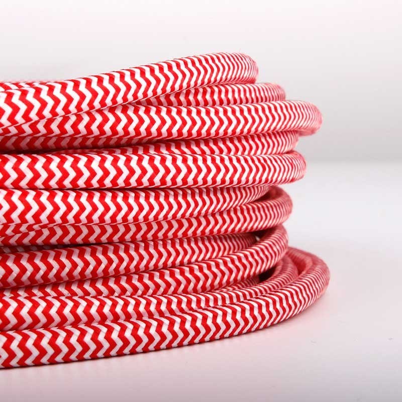 Round Electric Cable Coated in ZigZag Silk Effect Fabric, Red & White
