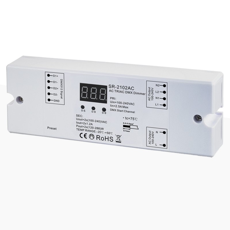 Single color AC TRIAC controller - DMX Dimmer - 2 channels 1,2A/ch - 100-240V - Sunricher