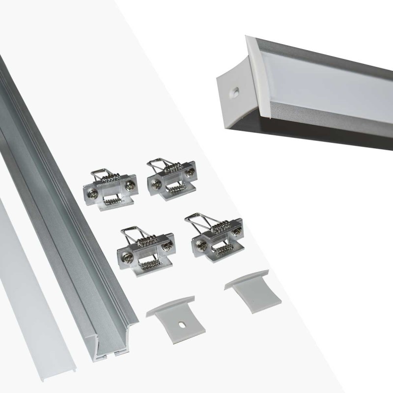 Alu Einbauprofil mit Diffusor für LED-Streifen - 4 Klammern - 2 Endkappen - 36x28mm - 2 Meter