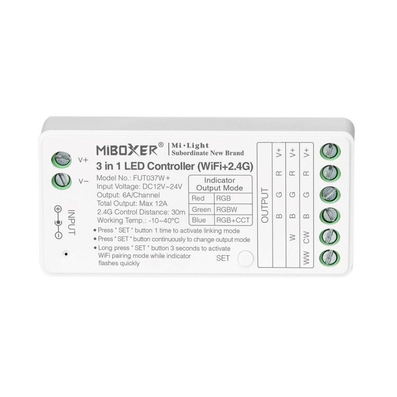 LED Strip Controller 3 in 1- RGB/RGBW - RGB+CCT - 12/24V DC - 2.4G - WiFi - MiBoxer - FUT037W+