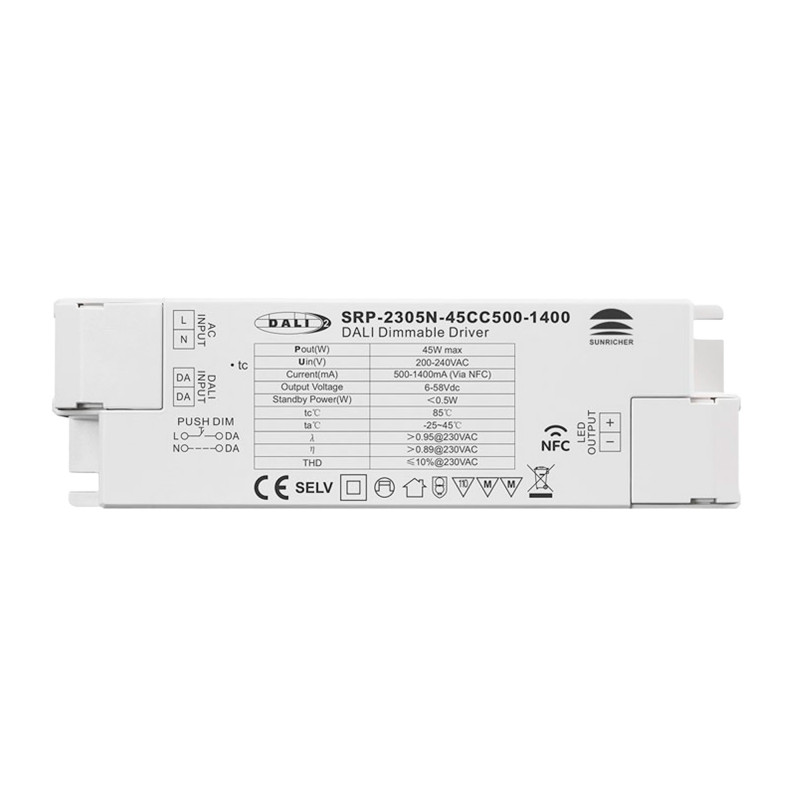 Driver regulable DALI DT6 monocolor 220-240V - Salida 6-58V DC - 500-1400mA - 45W