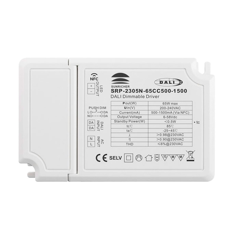 Driver regulable DALI DT6 monocolor 220-240V - Salida 6-58V DC - 500-1500mA - 65W