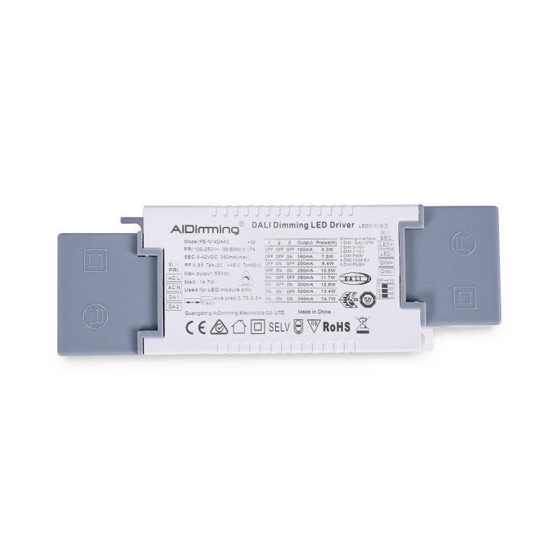 DALI dimmable driver + 1/0-10V + PUSH - 9-42V DC - Multicurrent (150-350mA)