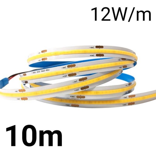 LED COB Sträif 24V DC - 12W/m - 10mm - IP20 - 10 Meter Rull - Schnëtt all 5cm