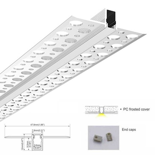[BPERFALP129] Profilé LED d'intégration / sans bordure - 8x12mm - Avec diffuseur - 2 mètres