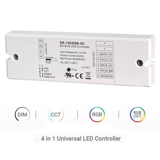 [SR-SB1029-5C] Controlador Bluetooth 12-24V monocromático + CCT + RGBW + RGBCCT 4 em 1 - SUNRICHER