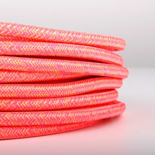 [LN001-TRA] Ronde elektrische kabel bedekt met zijde-effect stof in roze en geel.