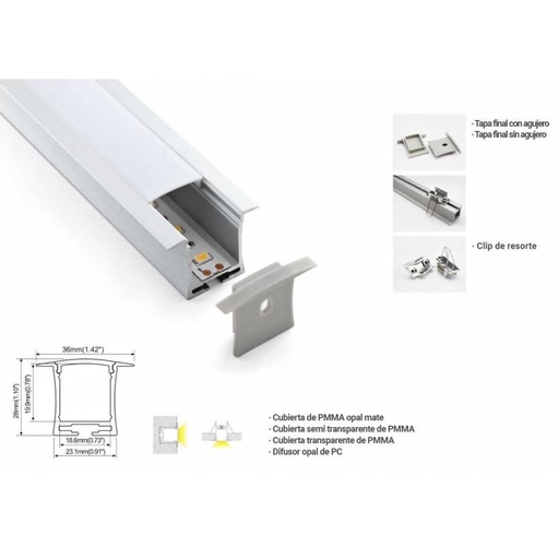 [BPERF36X28] Aluminum profile for recessed LED strip 36x28mm (2metros)