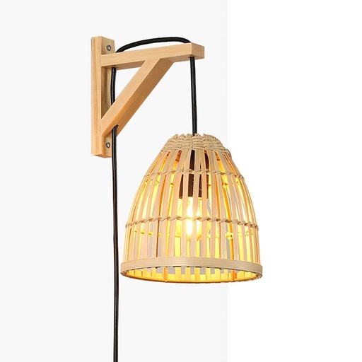 [LN125-N] Houten wandlamp met bamboe lampenkap "CESTA".