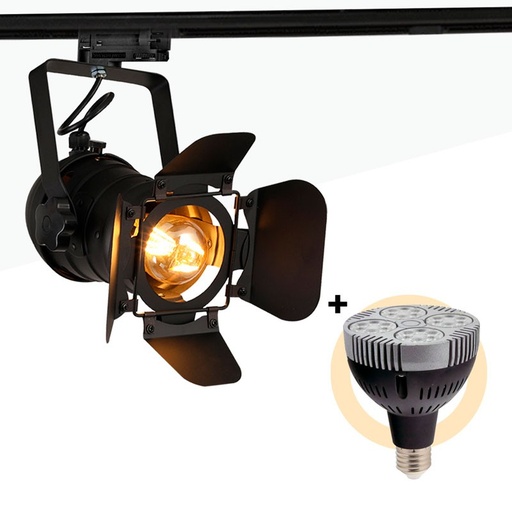 Kit projecteur "CINEMA" orientable pour rail triphasé avec ampoule LED PAR30 E27