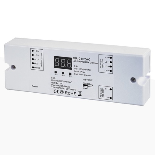 [SR-2102AC] Single color AC TRIAC controller - DMX Dimmer - 2 channels 1,2A/ch - 100-240V - Sunricher