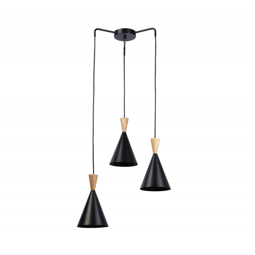 Drievoudige hanglamp "Lima" van metaal en hout.