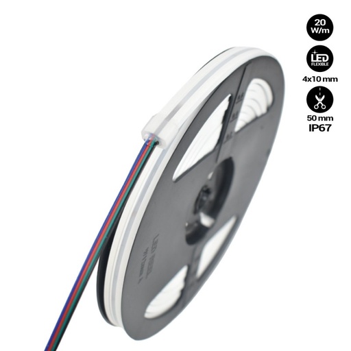 [N410-5M-RGB] RGB Flexible LED Neon - 24V/DC 4x10mm - 5 meters - Complete Kit - IP67 - 20W/m - Side bend