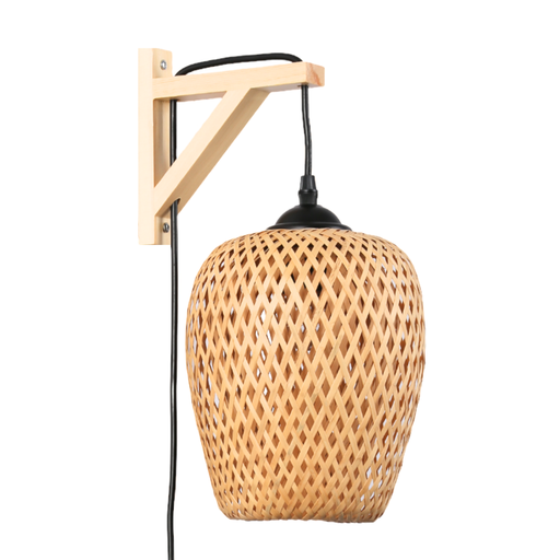 [LN126-N] Wooden wall light, wicker lampshade and cable with switch and plug "Alan".