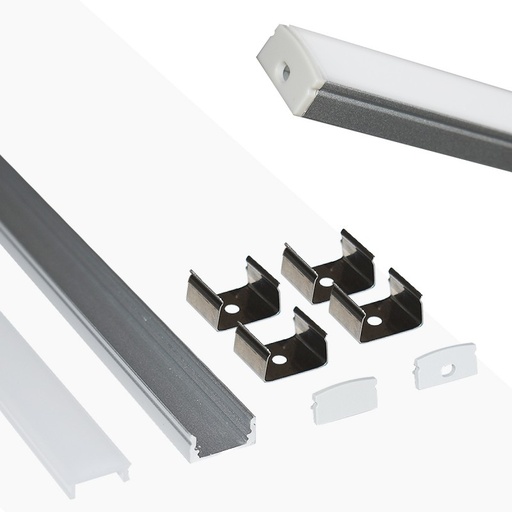 Aluminum surface profile for LED strip with diffuser - 4 clamps - 2 caps - 17x8mm - 2 meters