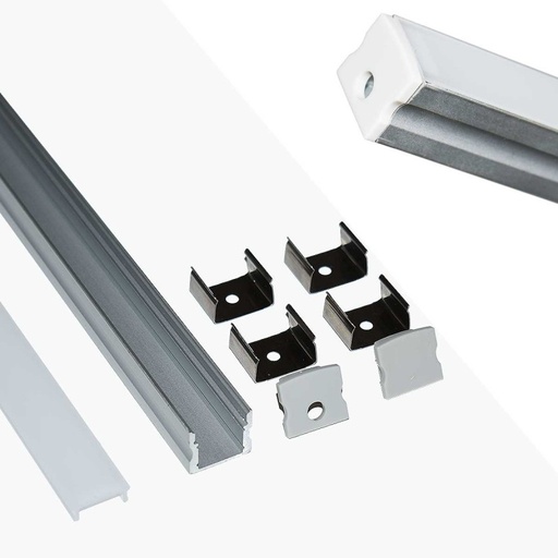 [KPERF17X15-P] Aluminum surface profile for LED strip with diffuser - 4 clamps - 2 caps - 17x15mm - 2 meters