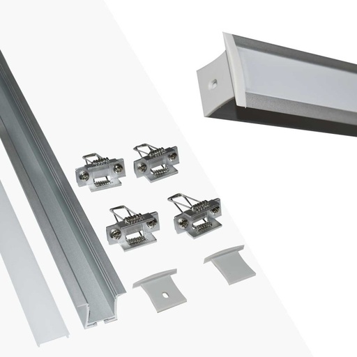 [KPERF36X28-P] Recessed aluminum profile for LED strip with diffuser - 4 clips - 2 caps - 36x28mm - 2 meters