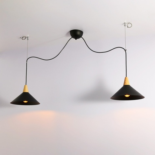 Podwójna metalowo-drewniana lampa wisząca "Selroom" - Czarna - 2xE27