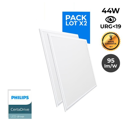 Συσκευασία 2 λεπτών πάνελ LED 60X60 cm - Οδηγός Philips - 44W - UGR19