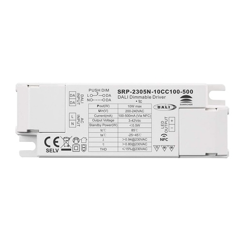 [SRP-2305N-10CC100-500] Driver DALI DT6 monochrome dimmable 220-240V - Sortie 3-42V DC - 10W (100-500mA)