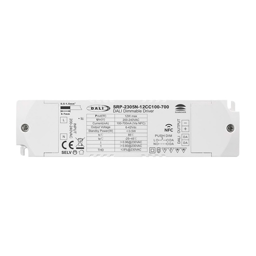 [SRP-2305N-12CC100-700] Dimmable DALI driver DT6 μονόχρωμο 220-240V - Έξοδος 6-42V DC - 100-700mA - 12W
