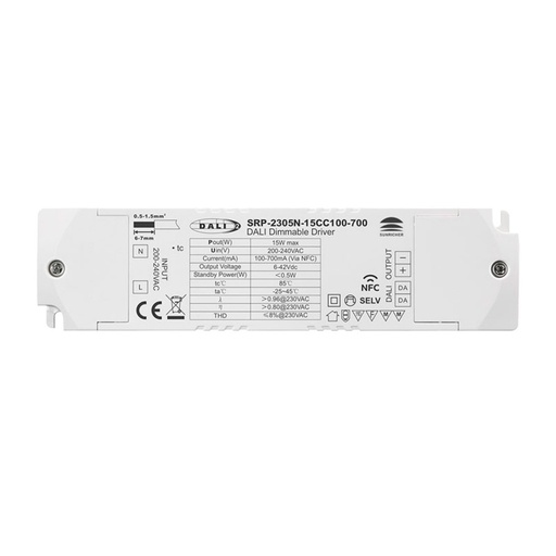 [SRP-2305N-15CC100-700] Dimmable DALI driver DT6 μονόχρωμο 220-240V - Έξοδος 6-42V DC - 100-700mA - 15W