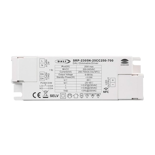 [SRP-2305N-25CC250-700] Dimmbarer DALI-Treiber DT6 einfarbig 220-240V - Ausgang 6-58V DC - 250-700 mA - 25W