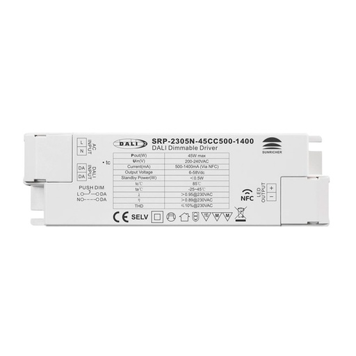 [SRP-2305N-45CC500-1400] Driver regulable DALI DT6 monocolor 220-240V - Salida 6-58V DC - 500-1400mA - 45W