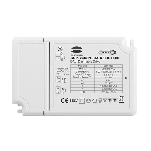 [SRP-2305N-65CC500-1500] Dimmable DALI driver DT6 μονόχρωμο 220-240V - Έξοδος 6-58V DC - 500-1500mA - 65W