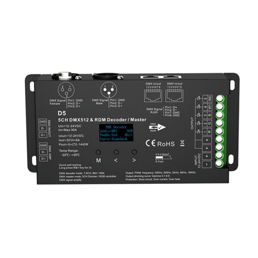 [SK-D5] Decodificador DMX512 12-24V DC - 6A/ canal - 5 Canales - Pantalla OLED
