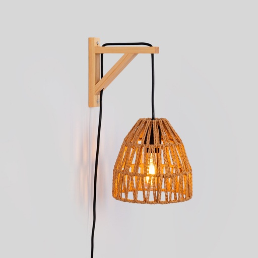 [LN127-N] Wooden wall sconce with woven paper lampshade - "Leo"