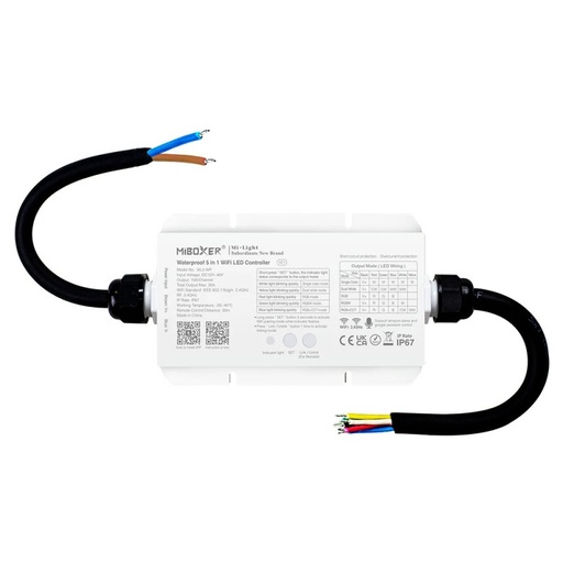 [WL5-WP] Controller striscia LED 5 in 1 a tenuta stagna - 12-48V DC - 2,4G - WiFi - MiBoxer - IP67 - WL5-WP