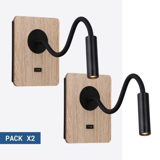 Pack x 2 - Aplique de pared flexible para lectura "LONDON" - Chip CREE - 3W - Negro