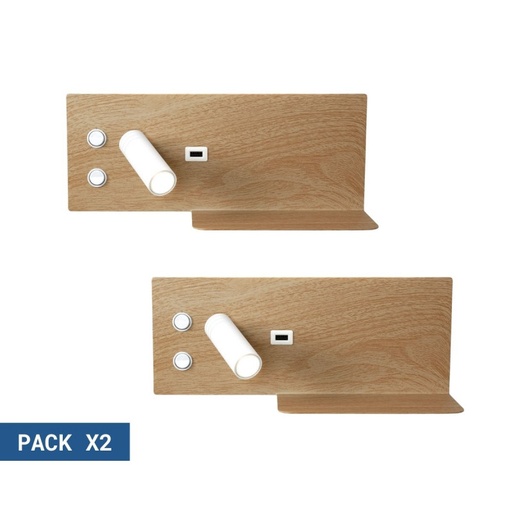 Pack x 2 - Aplique de parede para leitura com porta USB "Turin" - Iluminação dupla - 3W+7W - efeito madeira