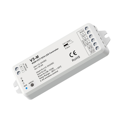 [SK-V5-M] RGB + CCT Controller - 12-24V DC - 5 channels - 3A/channel - RF 2.4GHz - Skydance