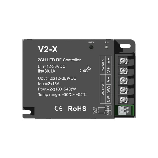 [SK-V2-X] CCT Controller - 12-36V DC - 2 channels - 15A/channel - RF 2.4GHz - PUSH dimmer - Skydance