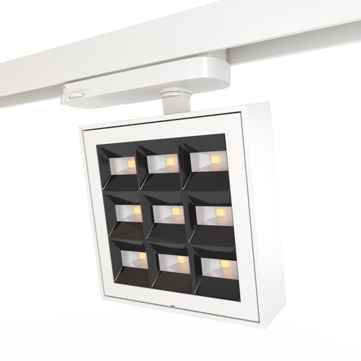 Square LED 3-phase track spotlight - Adjustable power: 12-42W - 4000K - CRI 90 - Angle 35° x 70°