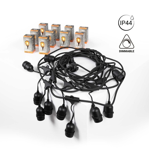 [K_L1700-BFD1-G45E27-D-AMB] Set - Lichtsnoer voor buiten 11,5m + 10 dimbare LED lampen G45/E27- 4W - 2200K - IP44