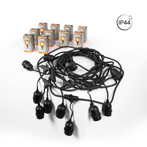 [K_L1700-BFD1-G45E27-AMB] Set - Lichtsnoer voor buiten 11,5m + 10 LED lampen G45/E27 gloeidraad 4W - 2200K - IP44