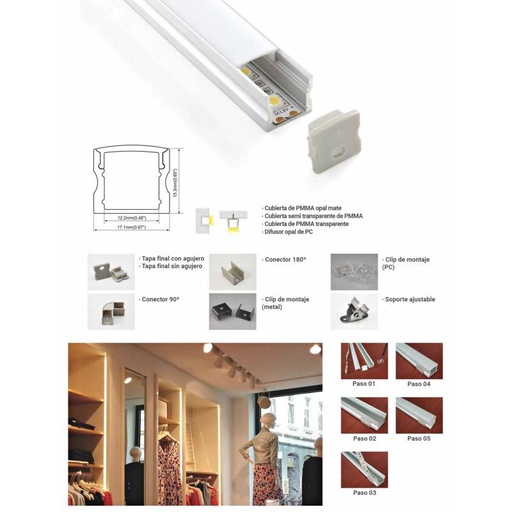 [BPERF17X15] Aluminum profile for LED strip surface 17x15mm for LED strip (2 meters)